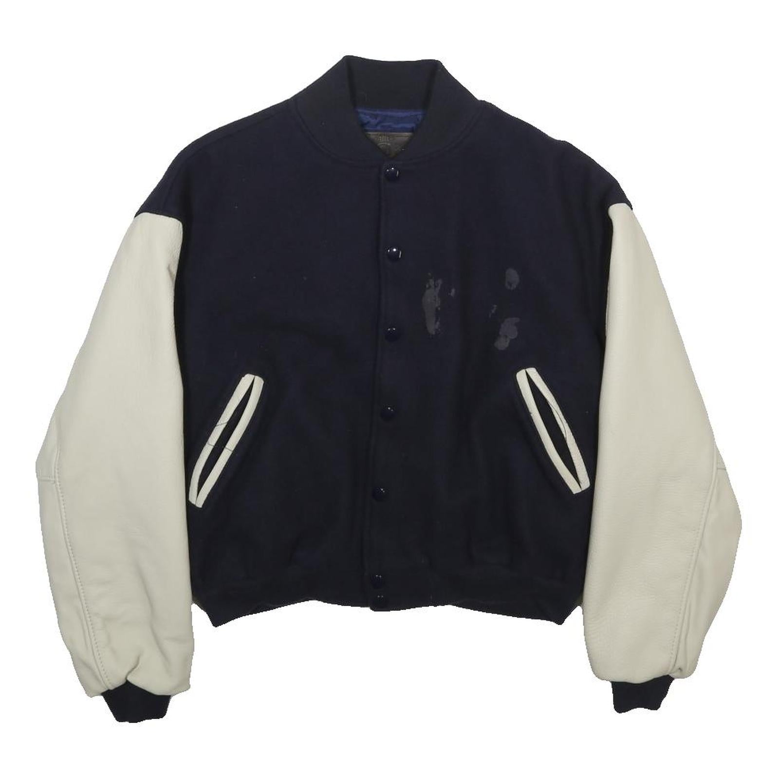Mike Reynolds Mens Navy & White Wool Blend Button Jacket XS Leather Sleeves