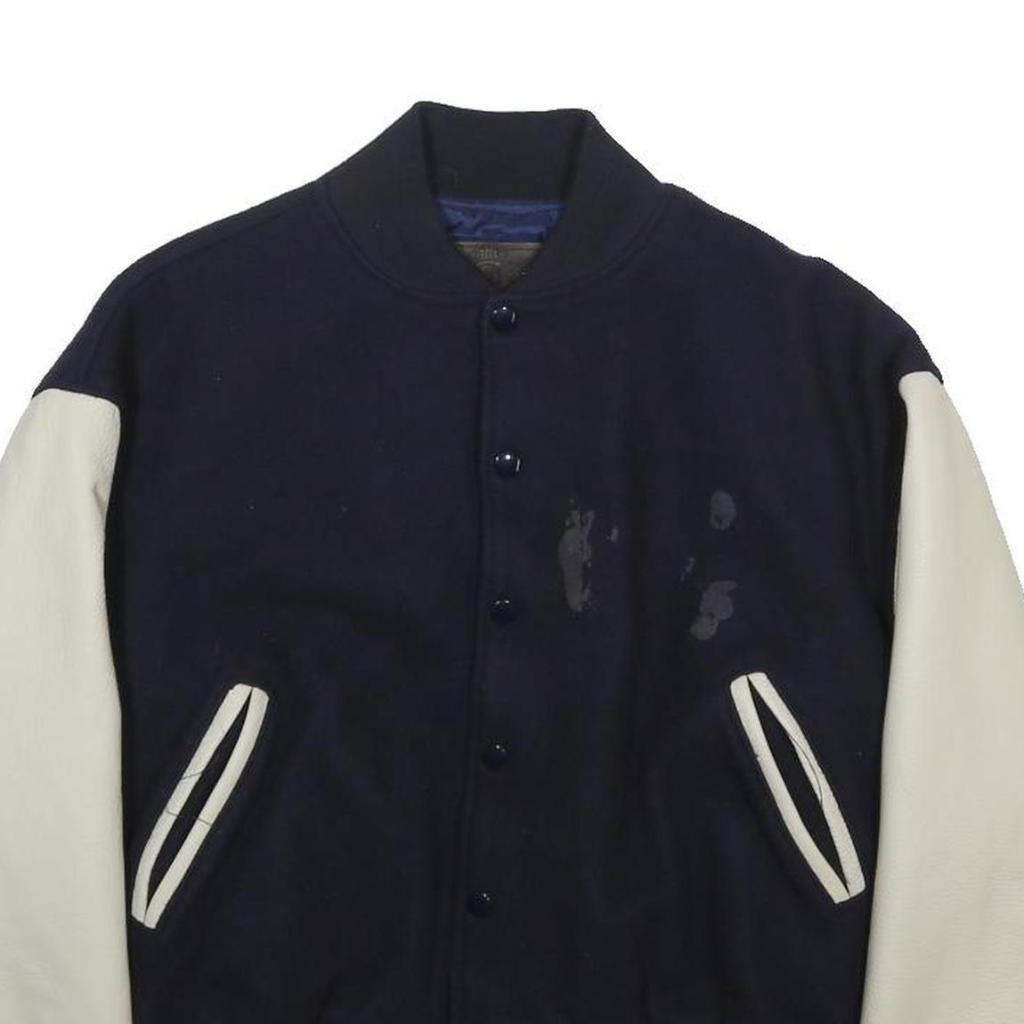 Mike Reynolds Mens Navy & White Wool Blend Button Jacket XS Leather Sleeves