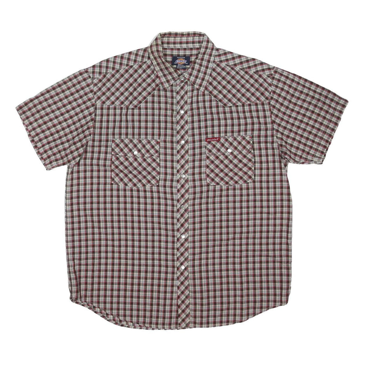 DICKIES Mens Red & White Check Western Shirt L Classic Summer Workwear
