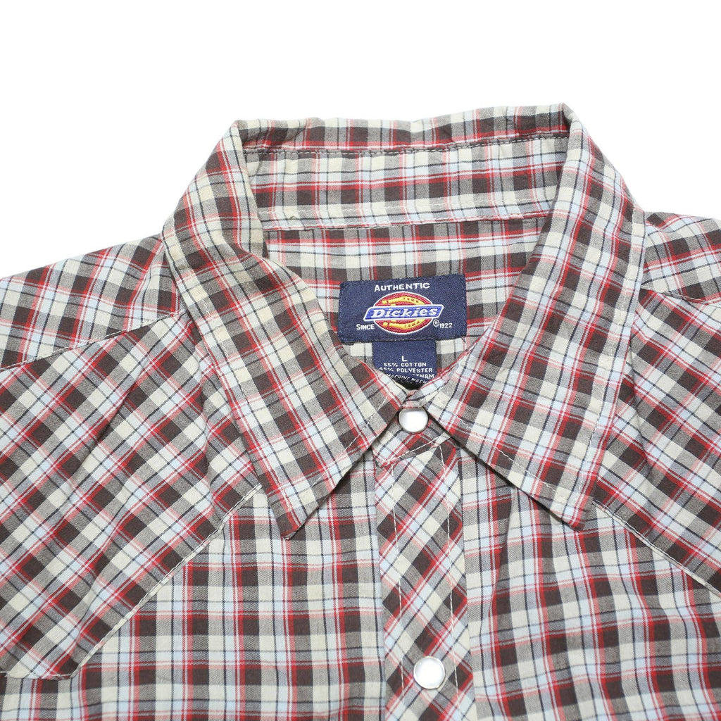 DICKIES Mens Red & White Check Western Shirt L Classic Summer Workwear