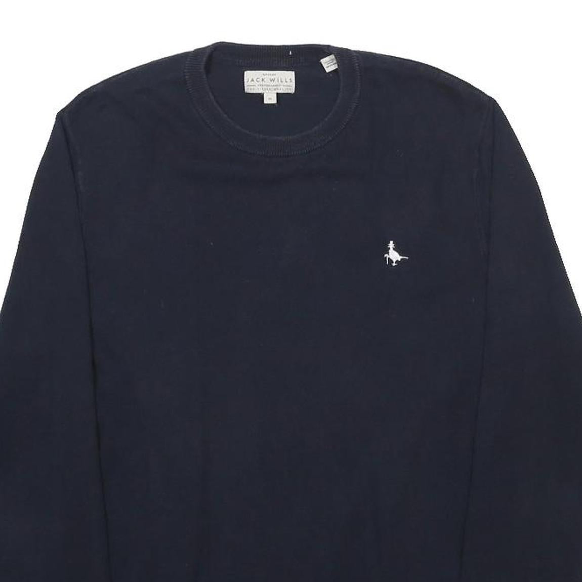 JACK WILLS Mens Navy Plain Jumper Crew Neck Basic Knit M Cotton Blend Casual