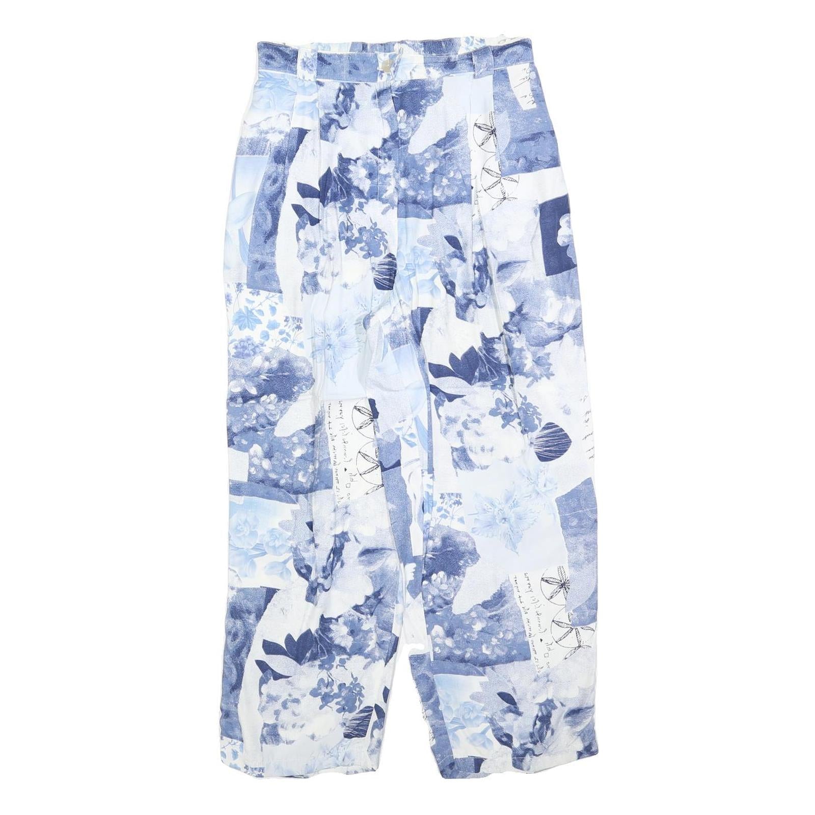 Womens Blue White Viscose Floral Print Regular Fit Trousers W28 L26 Zip Closure