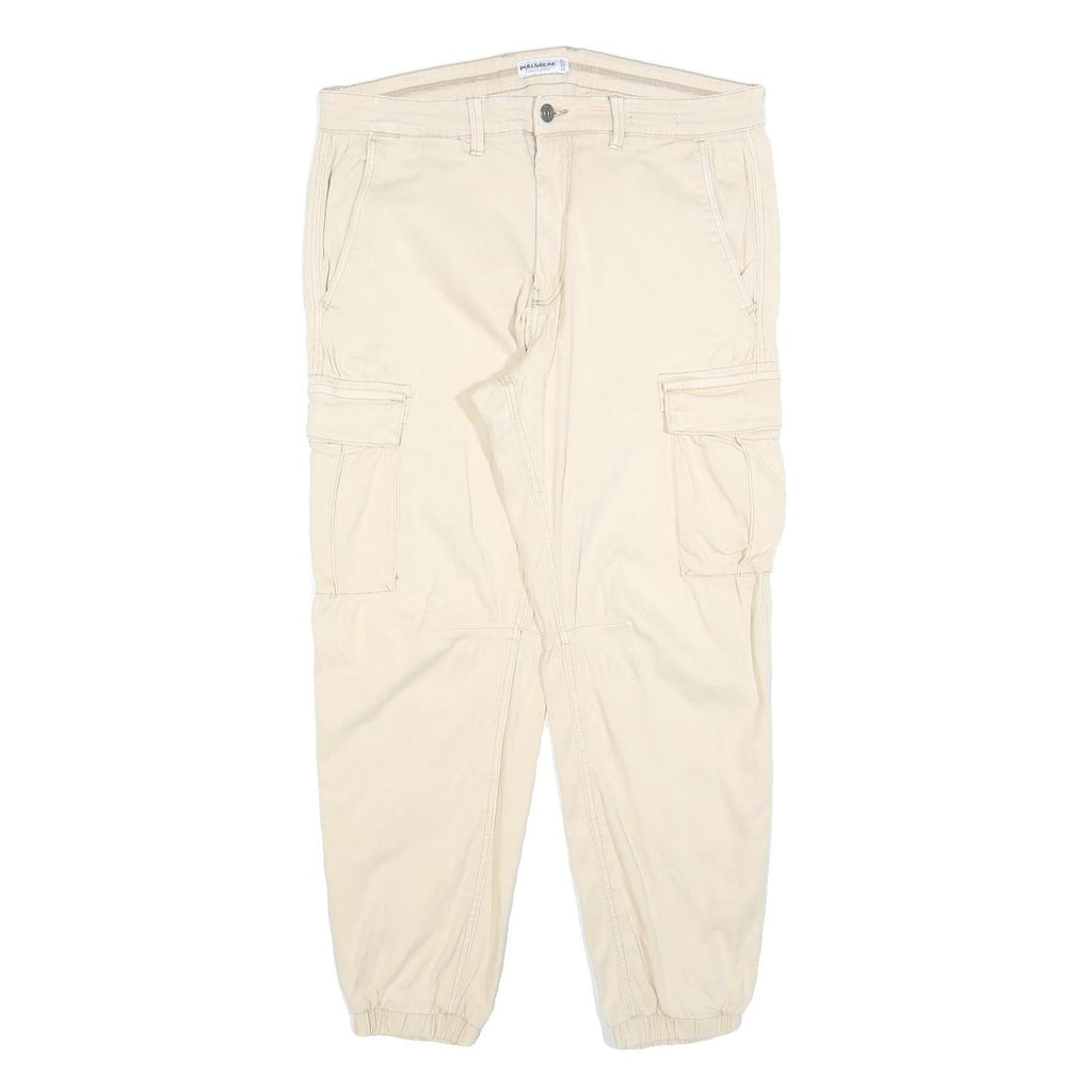 PULL & BEAR Womens Cotton Blend Beige Slim Cargo Trousers W32 L28 Utility Casual