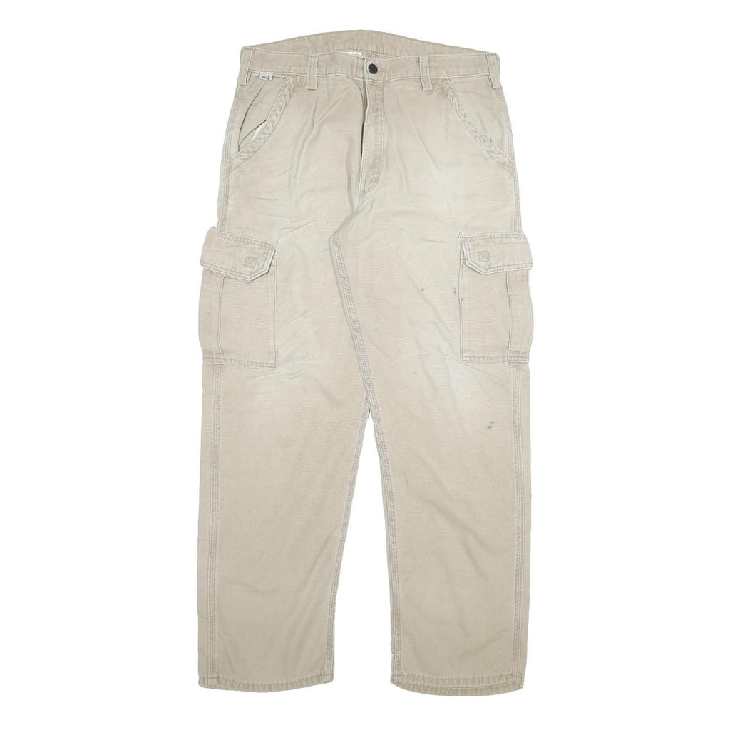 CARHARTT Mens Beige Relaxed Cargo Zip Trousers W34 L31 Durable Cotton Blend
