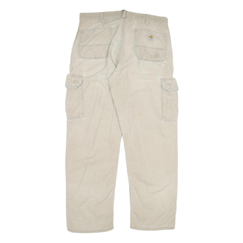 CARHARTT Mens Beige Relaxed Cargo Zip Trousers W34 L31 Durable Cotton Blend