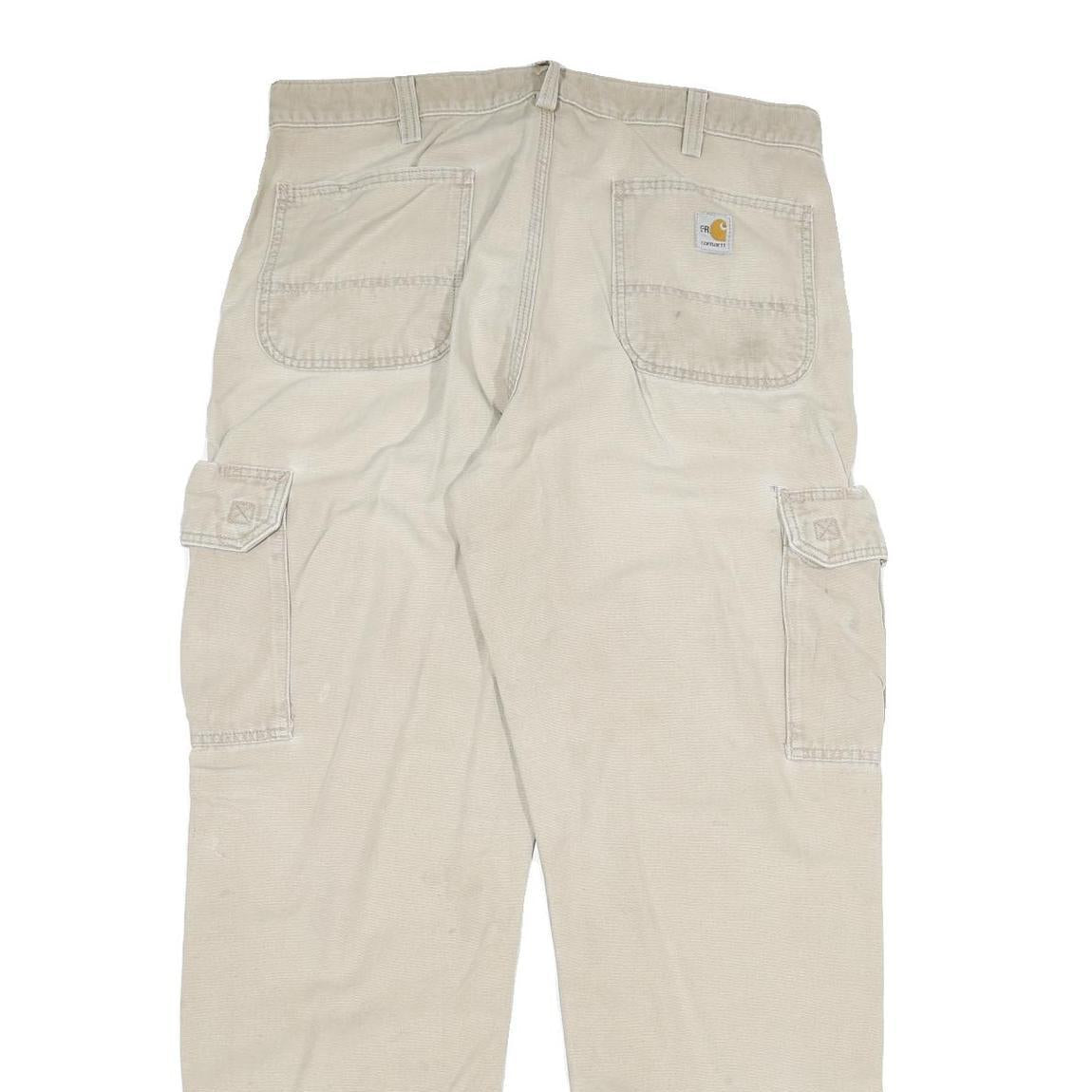 CARHARTT Mens Beige Relaxed Cargo Zip Trousers W34 L31 Durable Cotton Blend