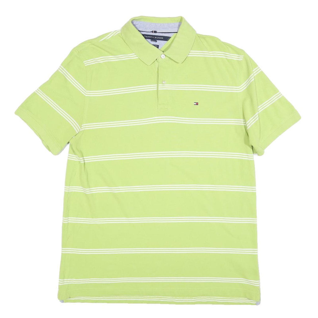 TOMMY HILFIGER Mens Green & White Striped Short Sleeve Polo Shirt XL Cotton