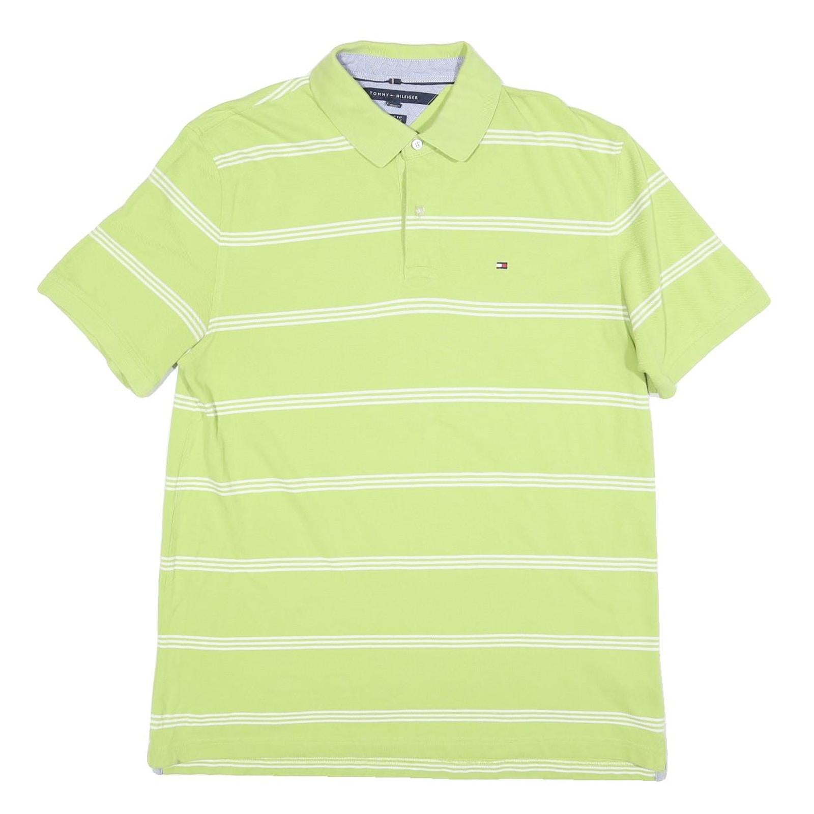 TOMMY HILFIGER Mens Green & White Striped Short Sleeve Polo Shirt XL Cotton