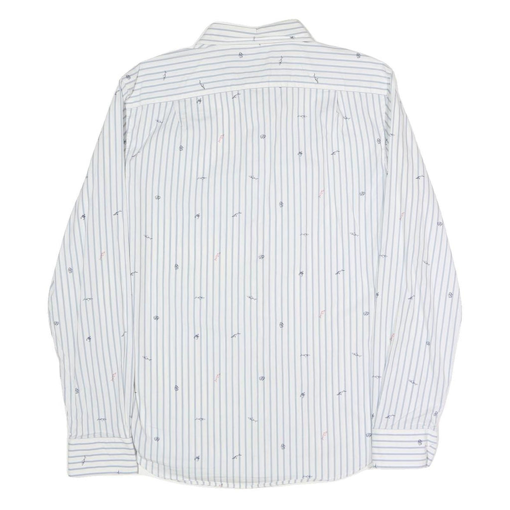 NAUTICA Mens White & Blue Striped Cotton Blend Shirt M Nautical Embroidery