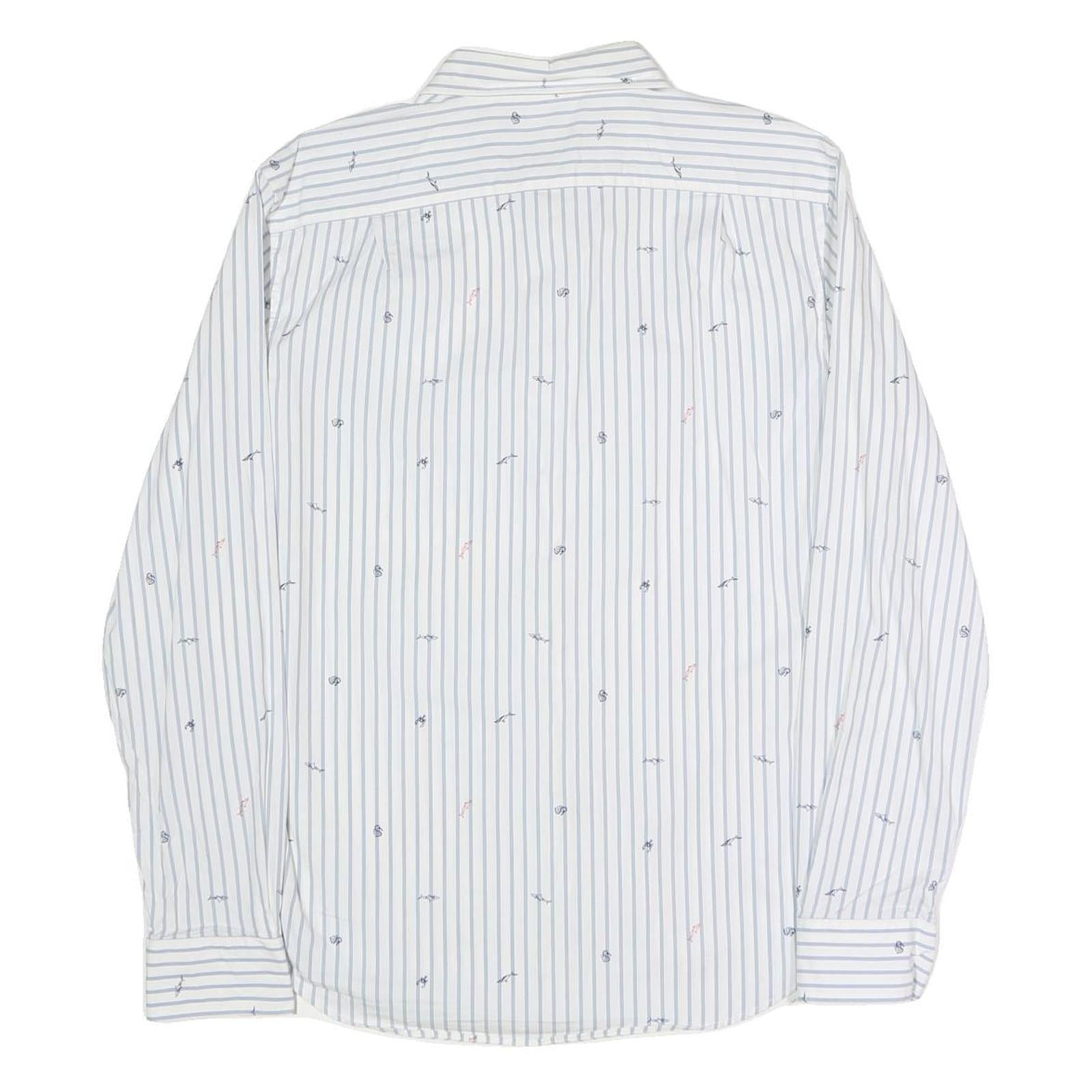 NAUTICA Mens White & Blue Striped Cotton Blend Shirt M Nautical Embroidery