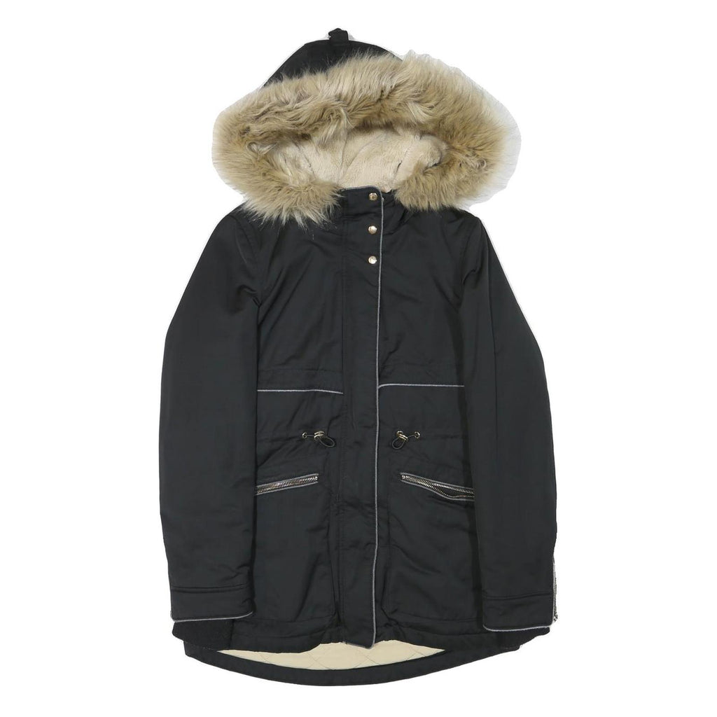 ZARA Womens Black & Beige Faux Fur Hood Parka Jacket XS Polyester Blend Zip