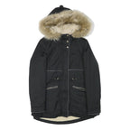 ZARA Womens Black & Beige Faux Fur Hood Parka Jacket XS Polyester Blend Zip