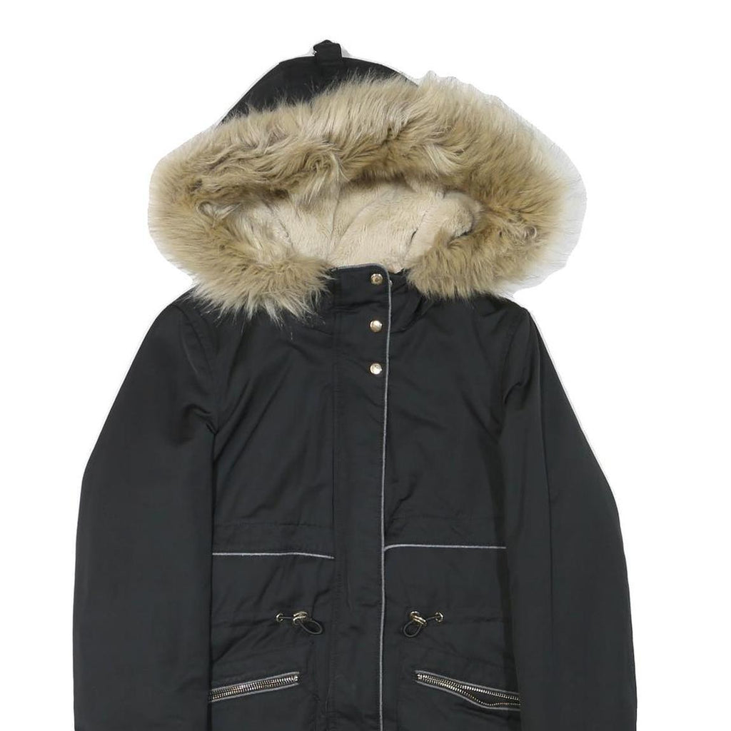 ZARA Womens Black & Beige Faux Fur Hood Parka Jacket XS Polyester Blend Zip