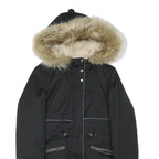 ZARA Womens Black & Beige Faux Fur Hood Parka Jacket XS Polyester Blend Zip