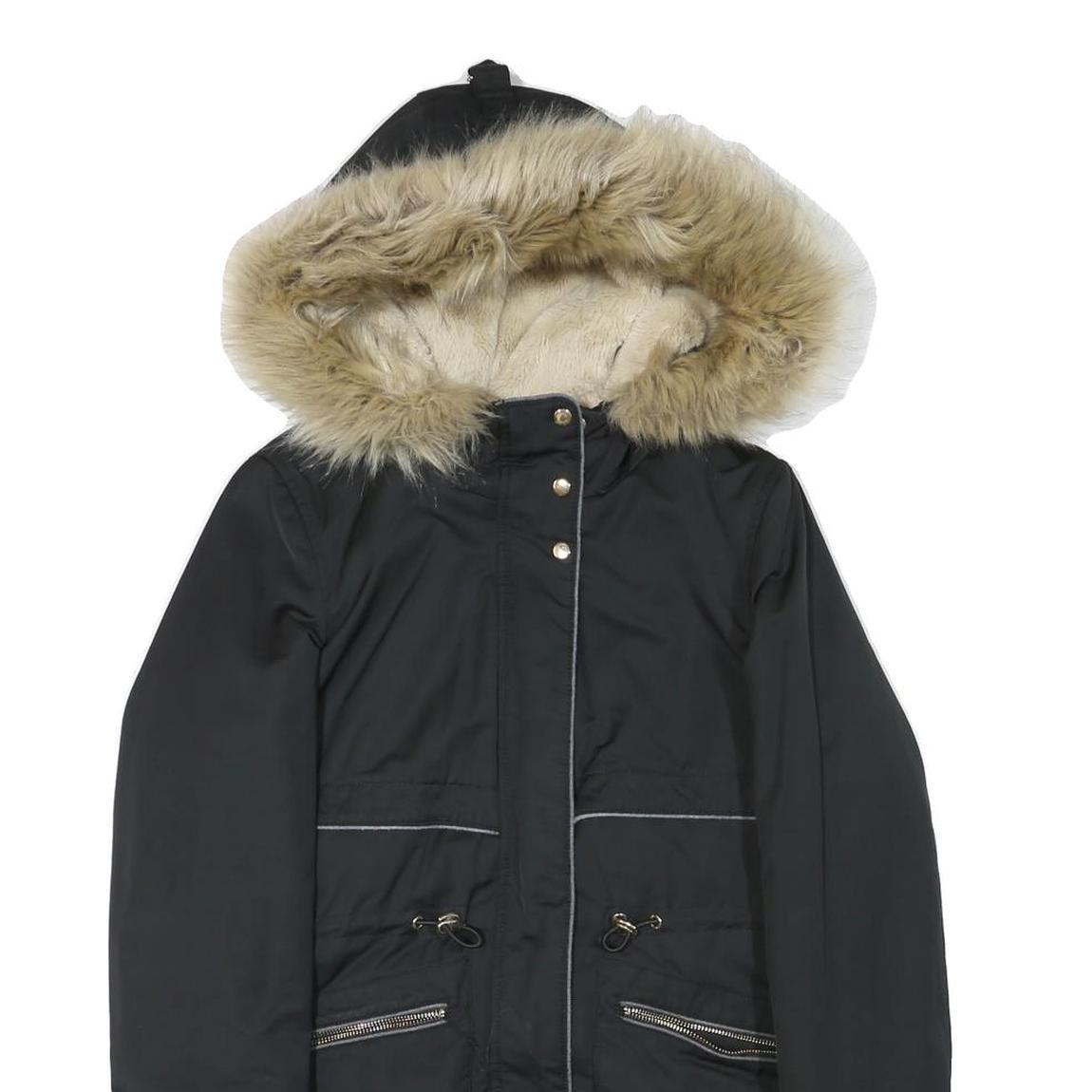 ZARA Womens Black & Beige Faux Fur Hood Parka Jacket XS Polyester Blend Zip
