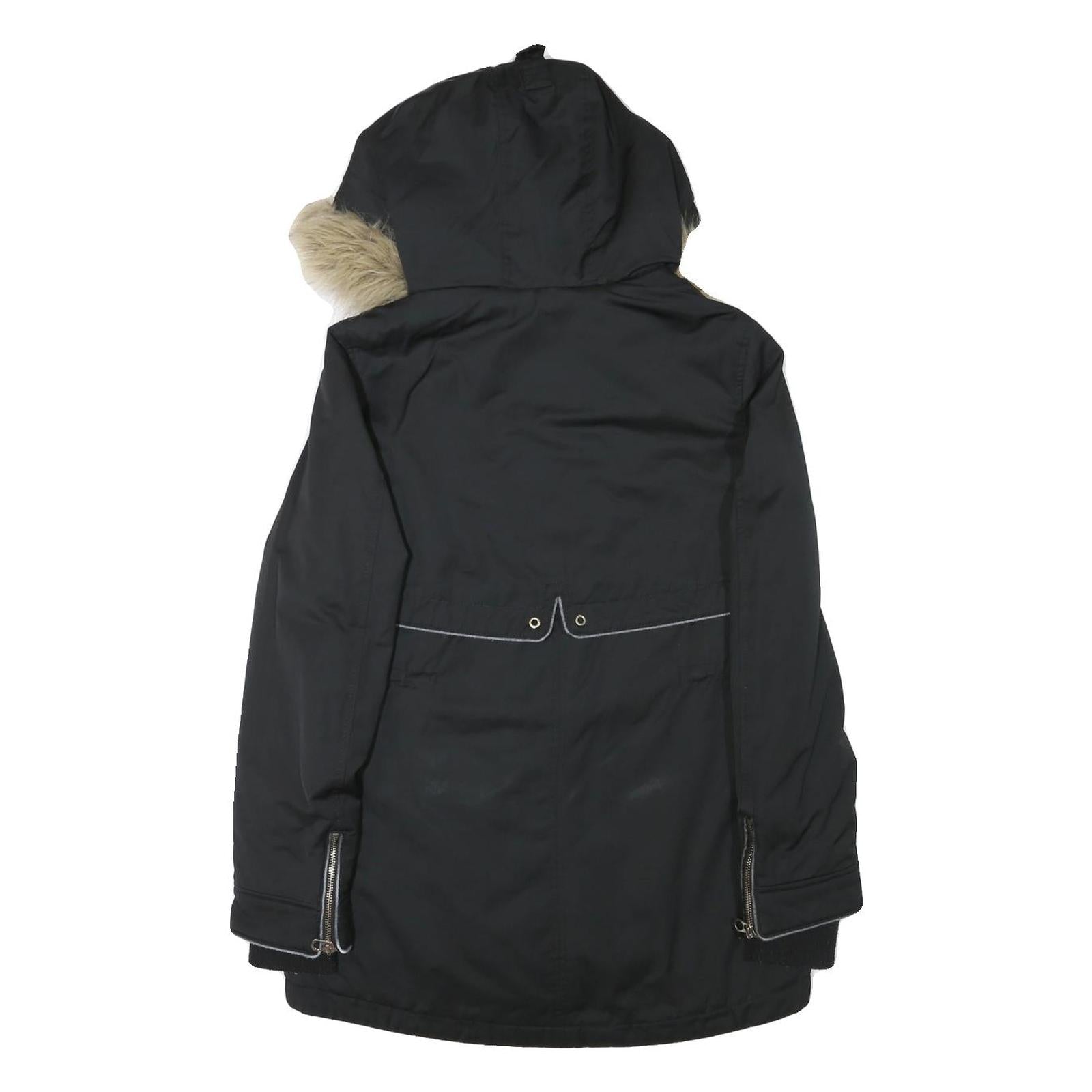 ZARA Womens Black & Beige Faux Fur Hood Parka Jacket XS Polyester Blend Zip