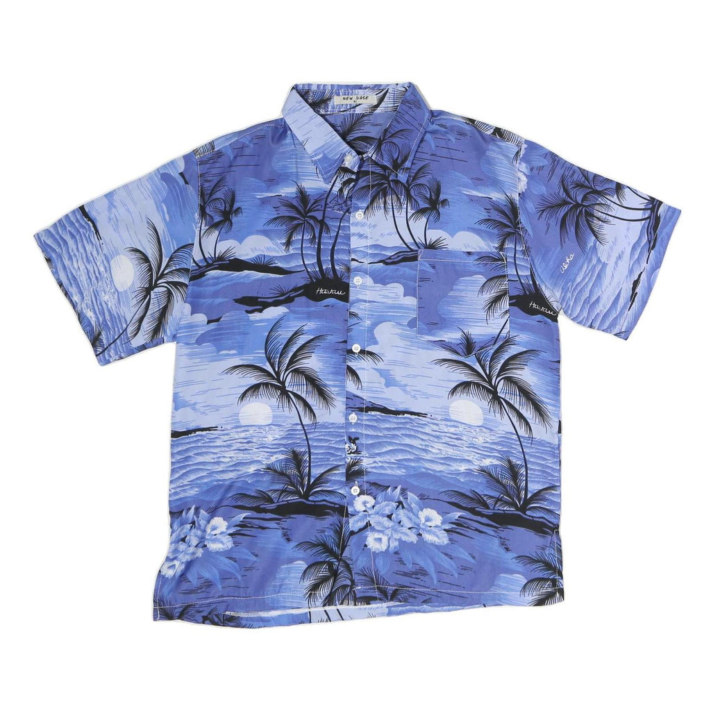NEW BASE Mens Blue Hawaiian Shirt M Cotton Blend Tropical Print Relaxed Fit