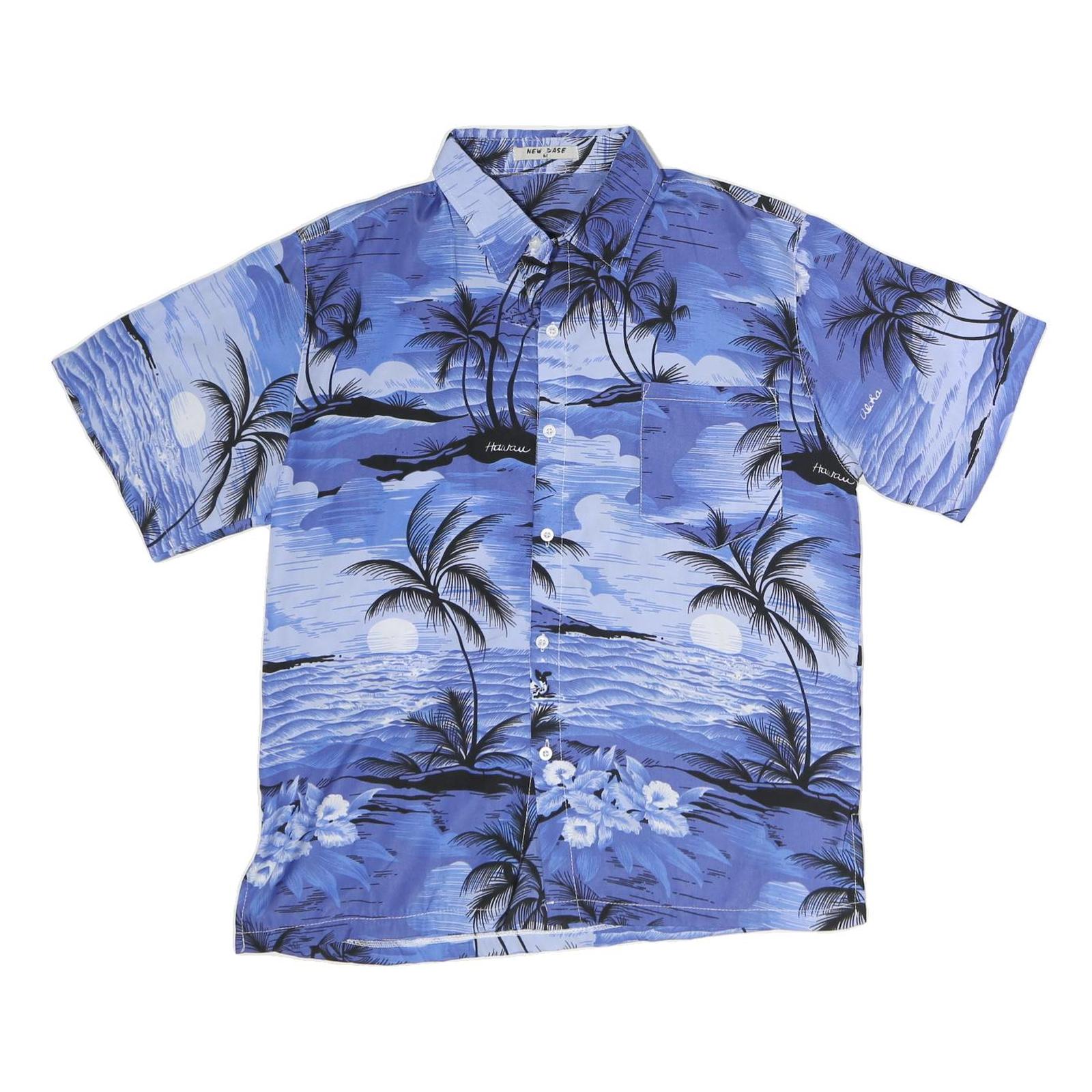 NEW BASE Mens Blue Hawaiian Shirt M Cotton Blend Tropical Print Relaxed Fit