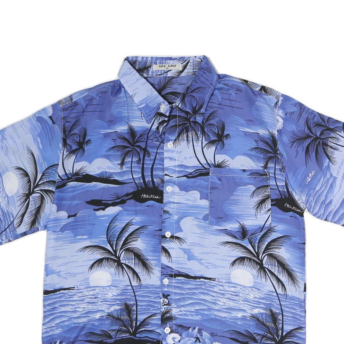 NEW BASE Mens Blue Hawaiian Shirt M Cotton Blend Tropical Print Relaxed Fit
