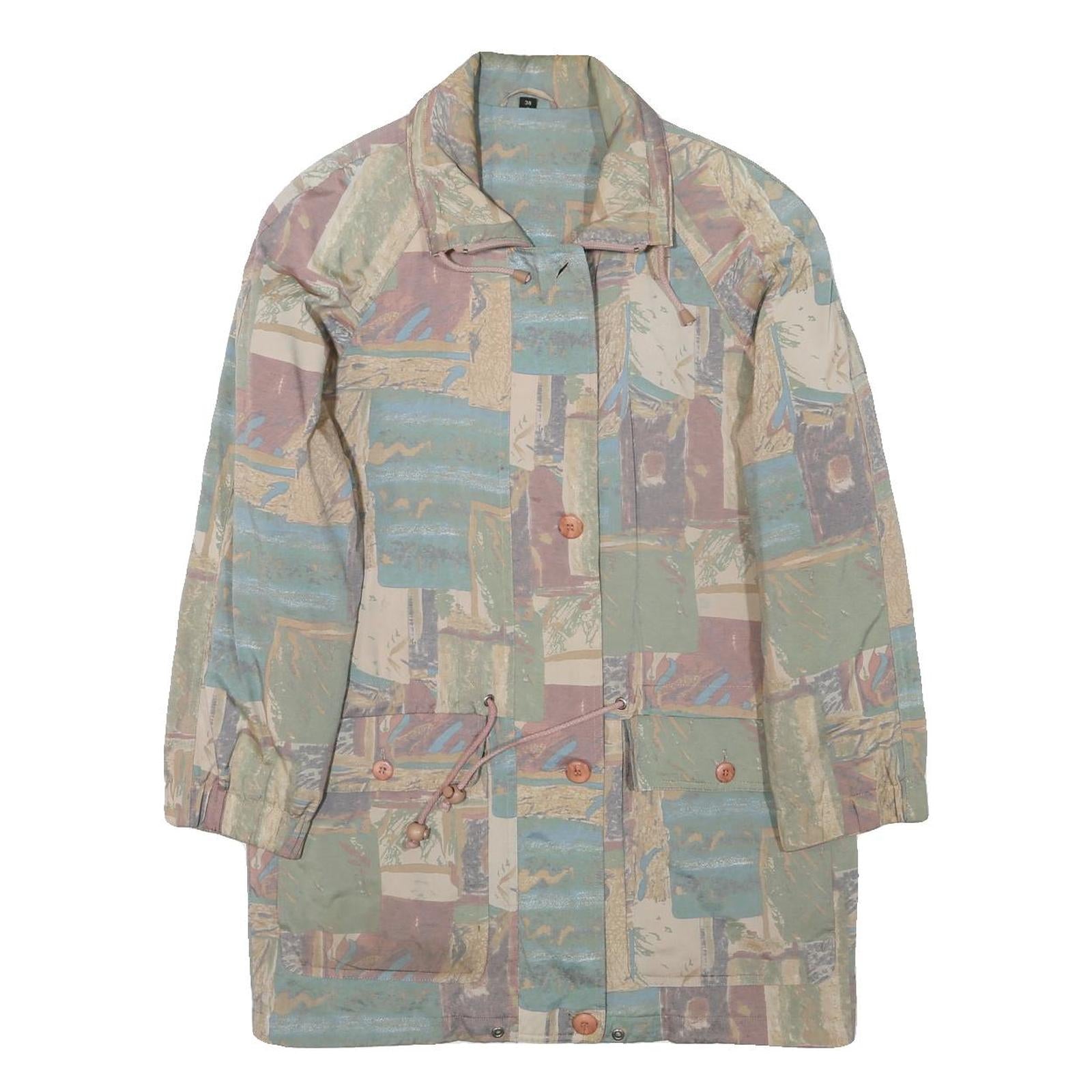 Womens Beige & Blue Abstract Pattern Button Jacket M Polyester Blend Casual