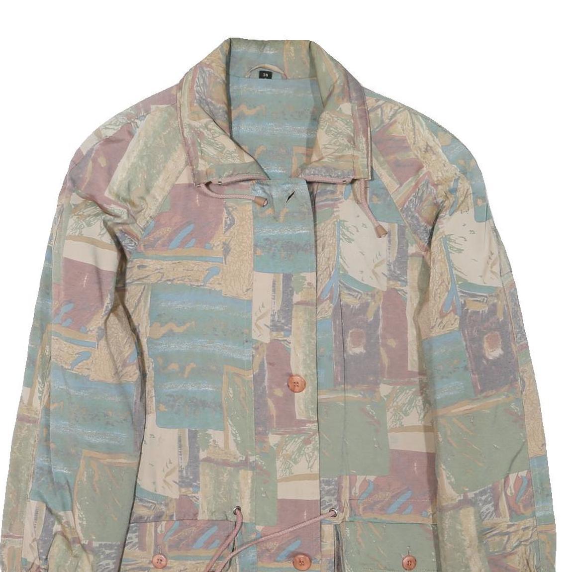 Womens Beige & Blue Abstract Pattern Button Jacket M Polyester Blend Casual