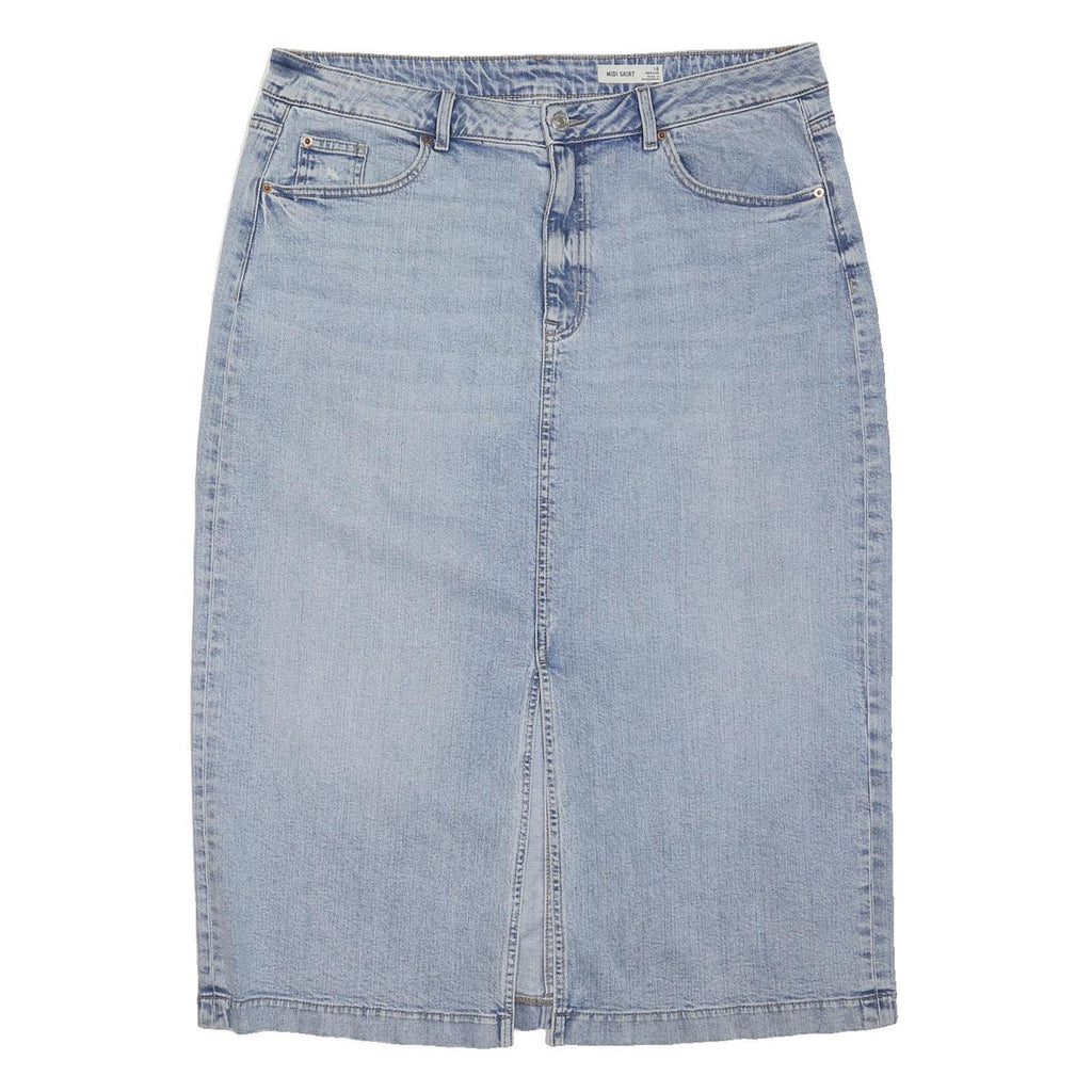 M&S Womens Blue Denim Midi Skirt Cotton Blend L Classic Pencil Fit Casual