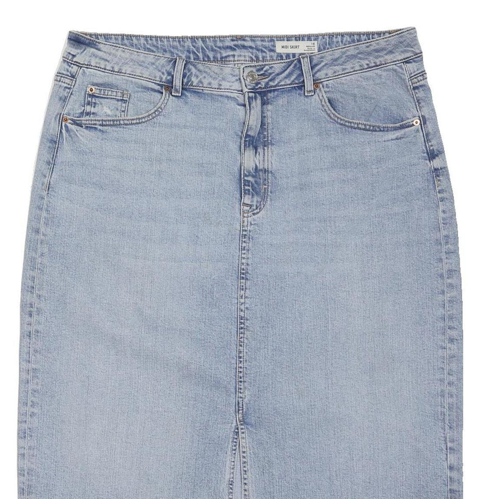 M&S Womens Blue Denim Midi Skirt Cotton Blend L Classic Pencil Fit Casual