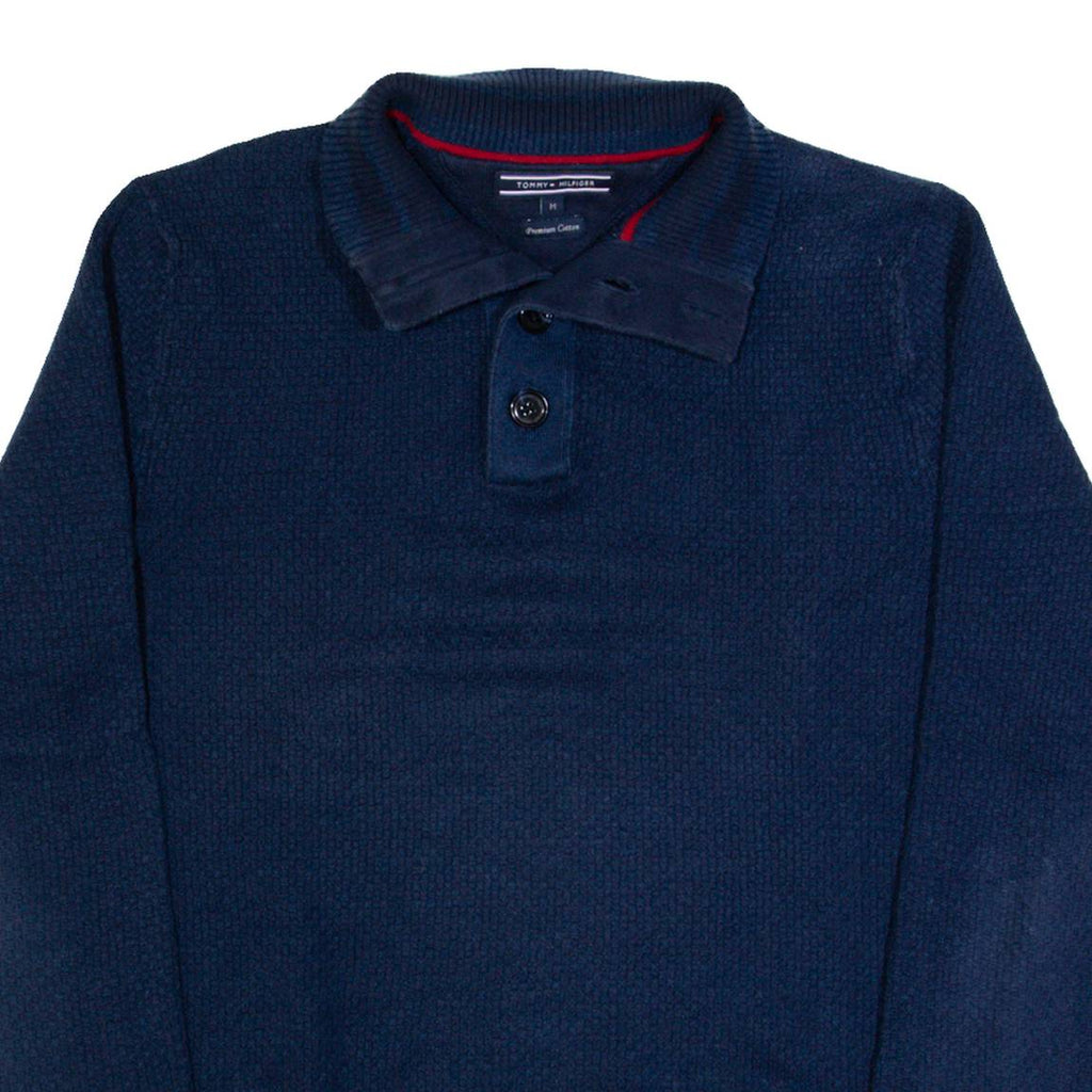 TOMMY HILFIGER Mens Jumper Blue Button Neck Tight Knit M