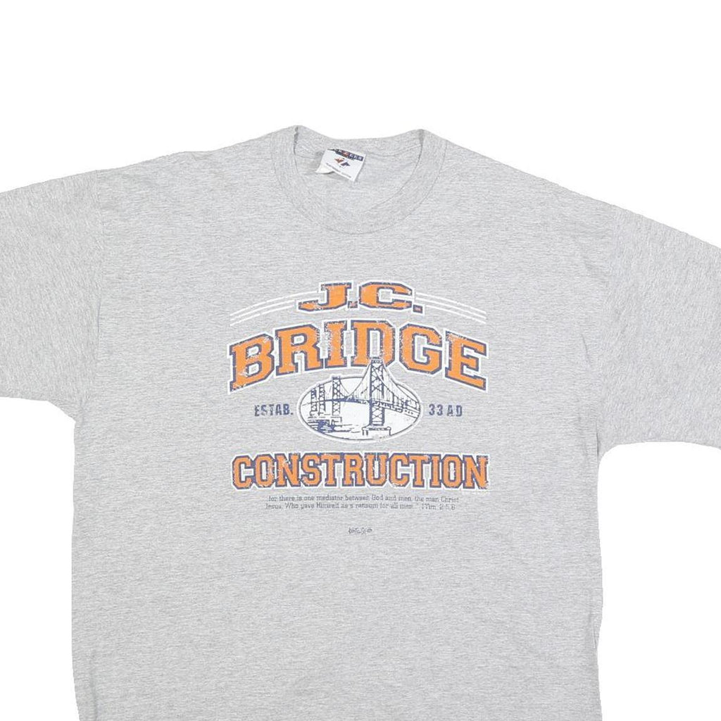 JERZEES Mens Grey L Graphic T-Shirt Short Sleeve Crew Neck Construction Print