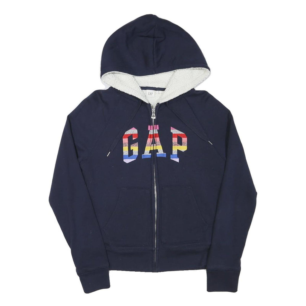 GAP Womens Navy Blue Cotton Blend Zip Up Hoodie XS Rainbow Logo Casual