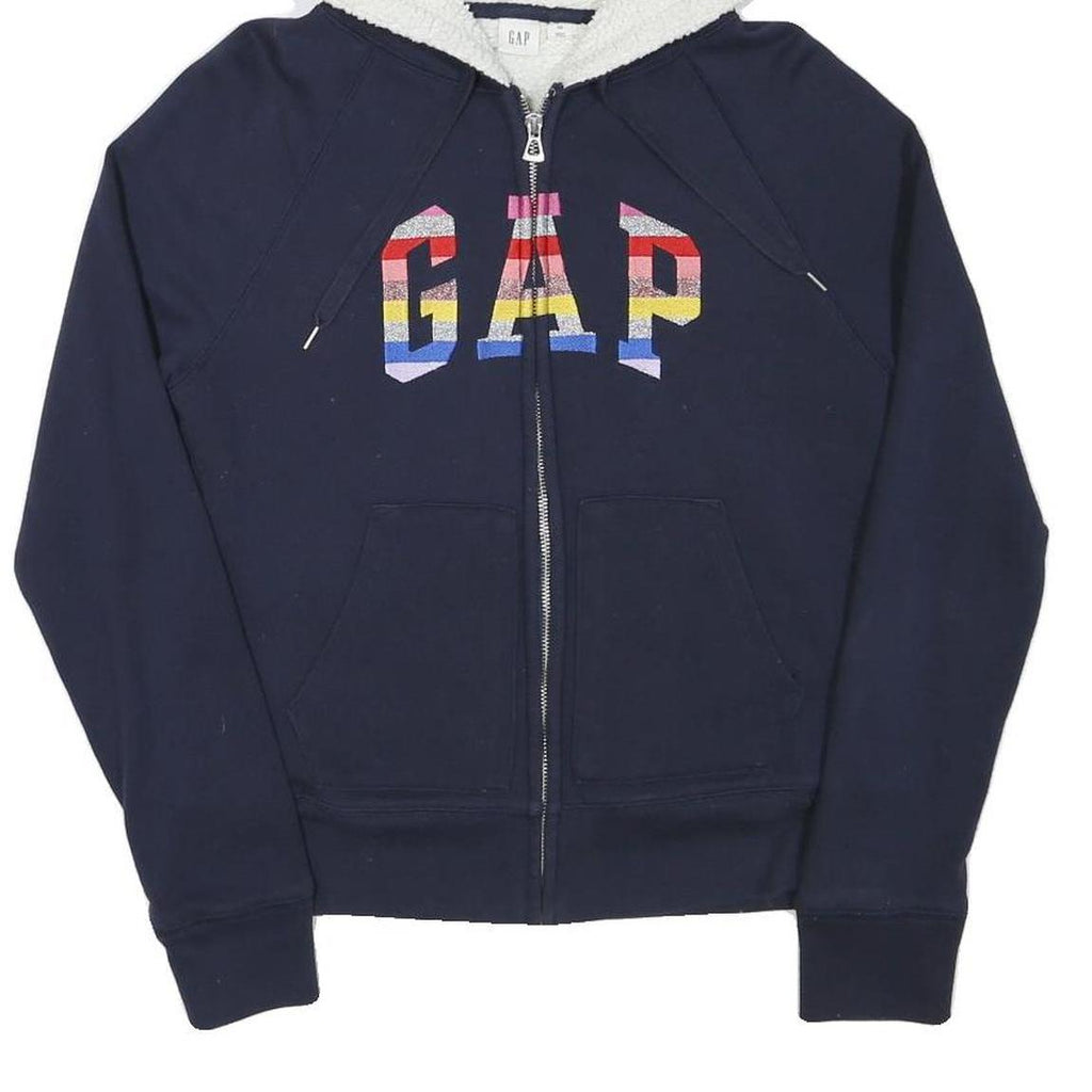 GAP Womens Navy Blue Cotton Blend Zip Up Hoodie XS Rainbow Logo Casual
