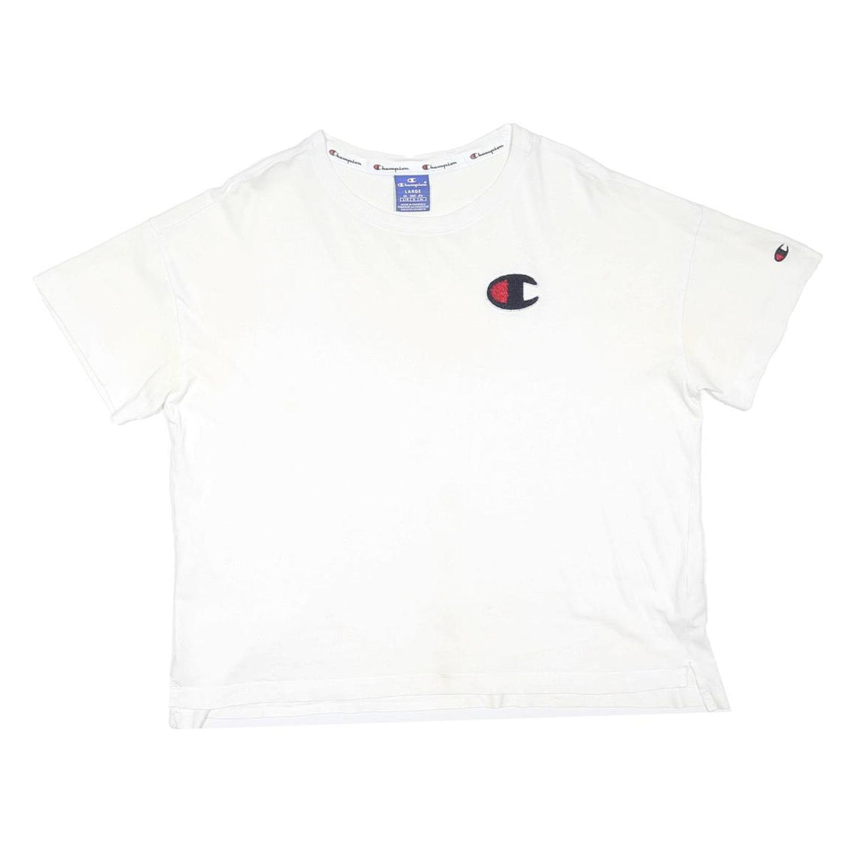 CHAMPION Womens White Graphic T-Shirt L Short Sleeve Crew Neck Cotton Blend
