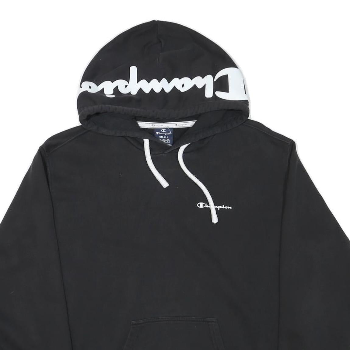 CHAMPION Mens Black Hoodie S Cotton Blend Pullover with Logo Print