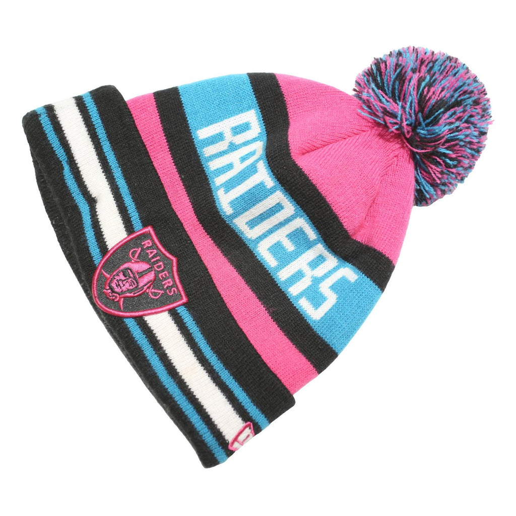 NFL Mens Pink Black Blue Raiders Beanie Acrylic Knitted Pom Pom Stripe