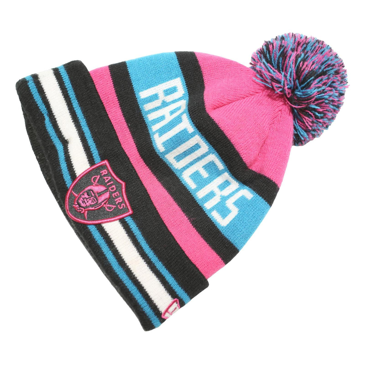 NFL Mens Pink Black Blue Raiders Beanie Acrylic Knitted Pom Pom Stripe