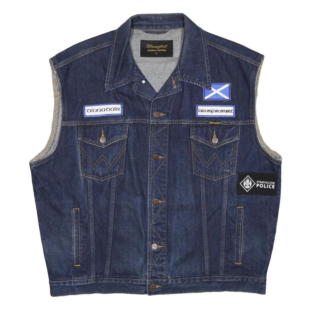 WRANGLER Mens Blue Denim Button Cotton Sleeveless Vest Jacket 2XL Patches