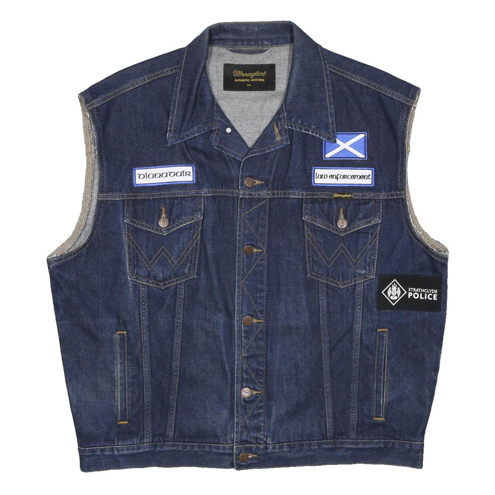 WRANGLER Mens Blue Denim Button Cotton Sleeveless Vest Jacket 2XL Patches