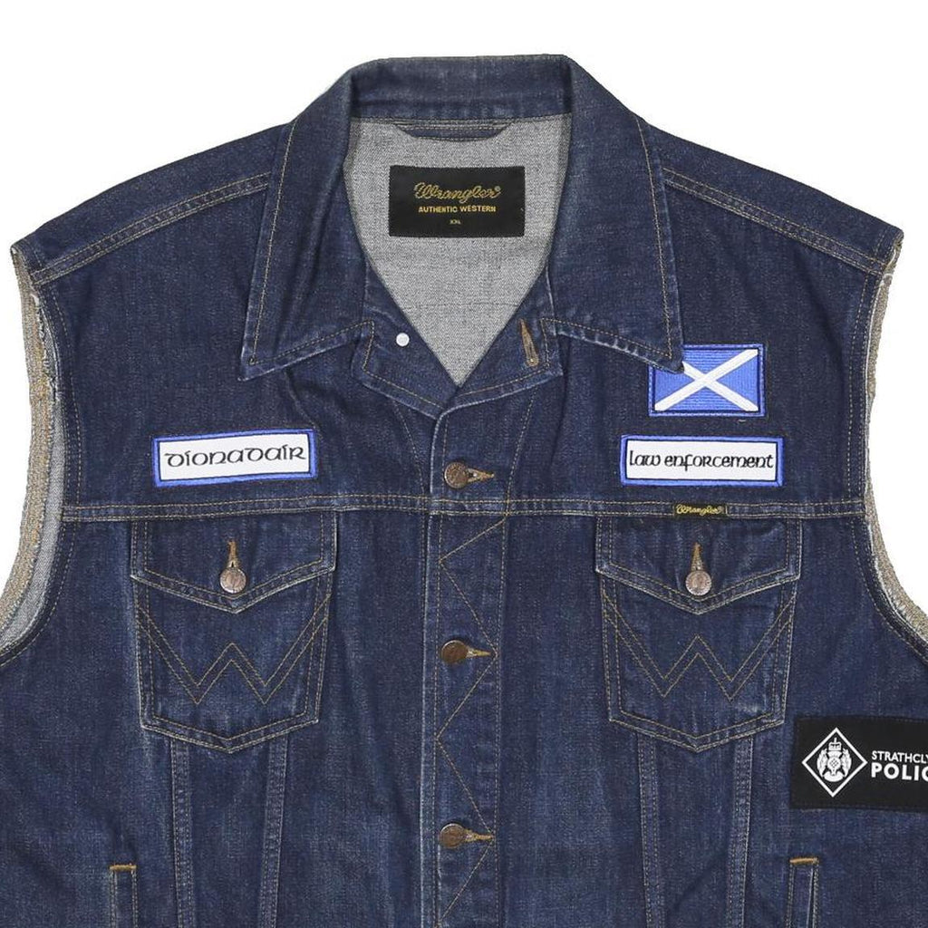 WRANGLER Mens Blue Denim Button Cotton Sleeveless Vest Jacket 2XL Patches