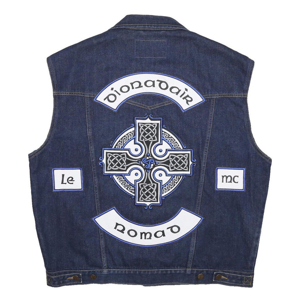 WRANGLER Mens Blue Denim Button Cotton Sleeveless Vest Jacket 2XL Patches