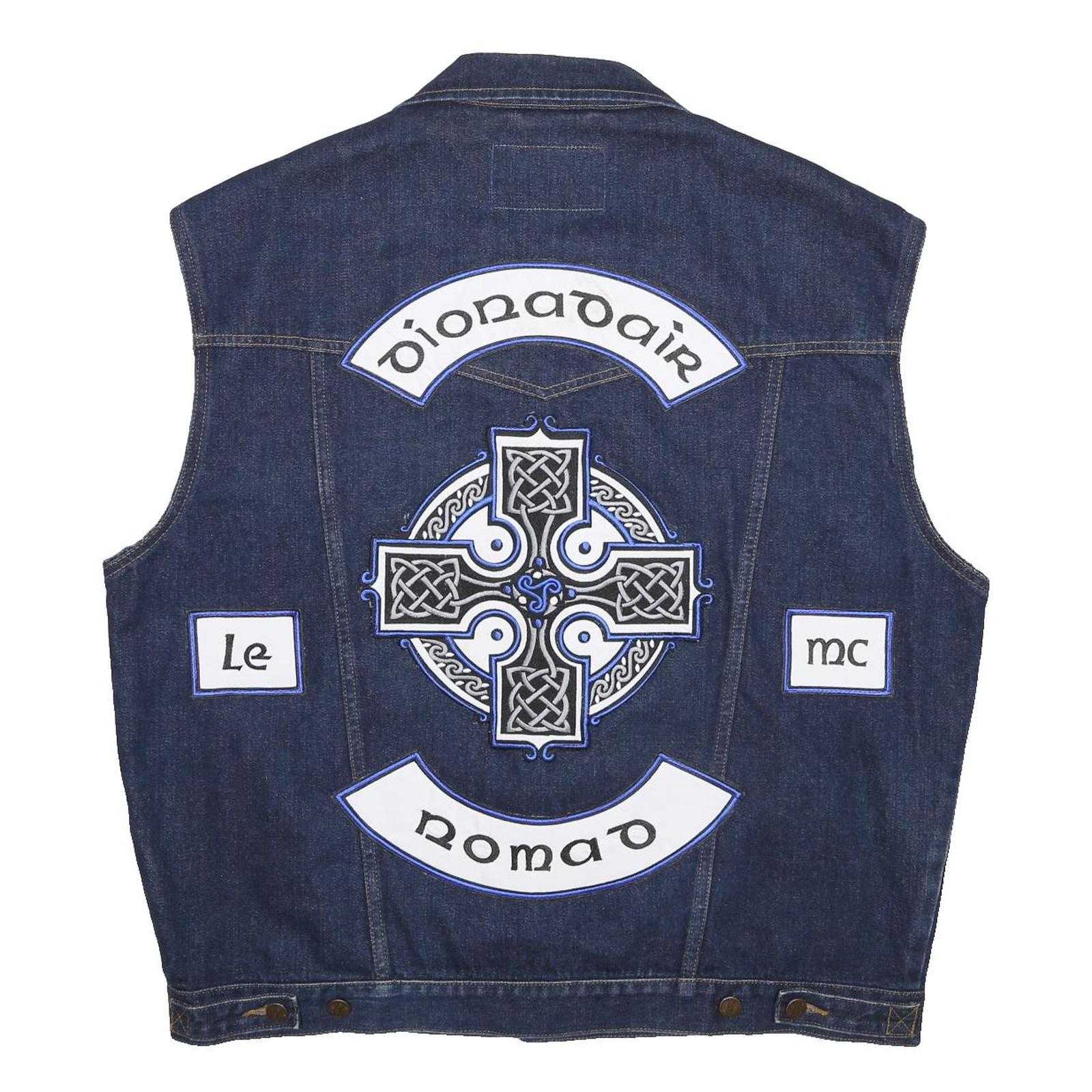 WRANGLER Mens Blue Denim Button Cotton Sleeveless Vest Jacket 2XL Patches