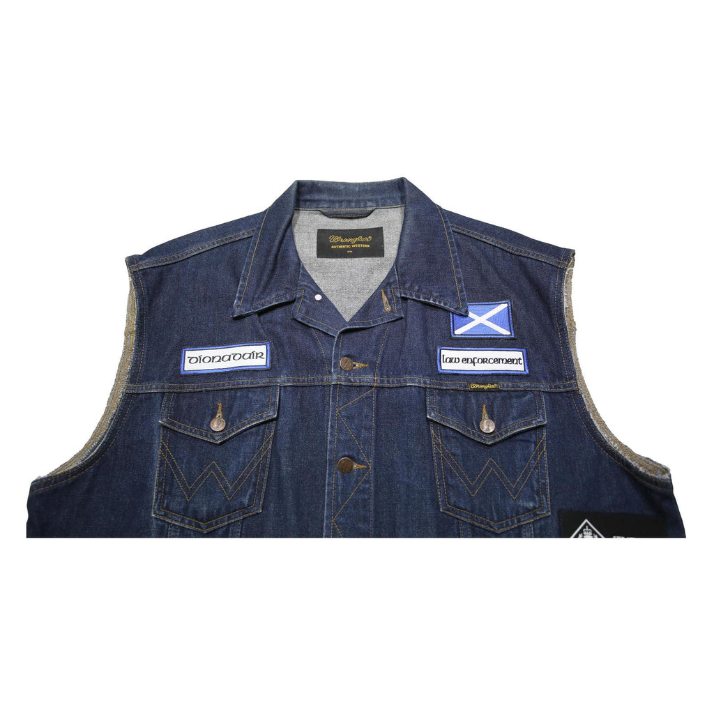 WRANGLER Mens Blue Denim Button Cotton Sleeveless Vest Jacket 2XL Patches