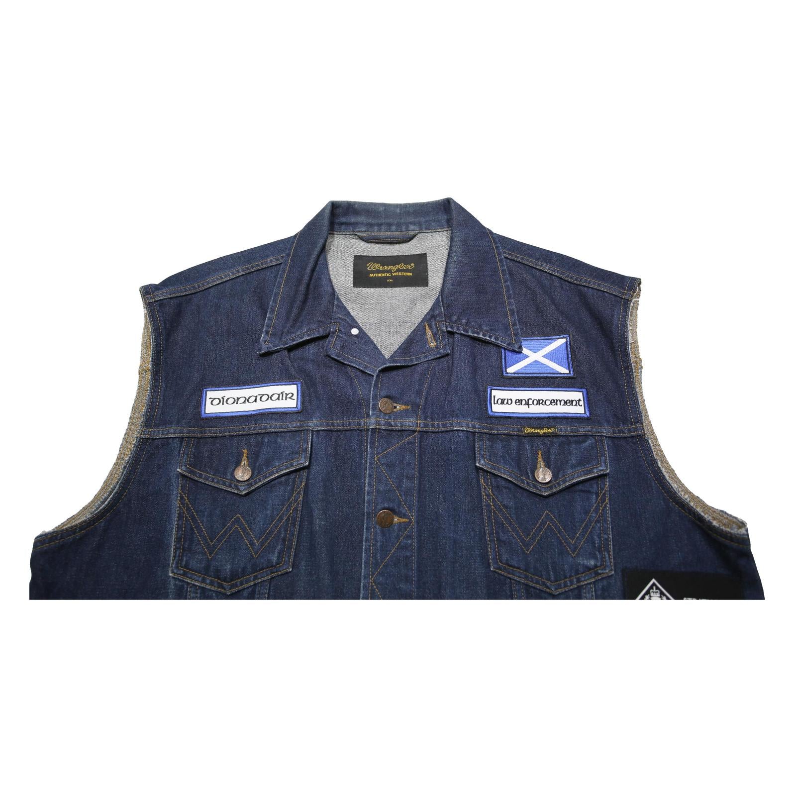 WRANGLER Mens Blue Denim Button Cotton Sleeveless Vest Jacket 2XL Patches