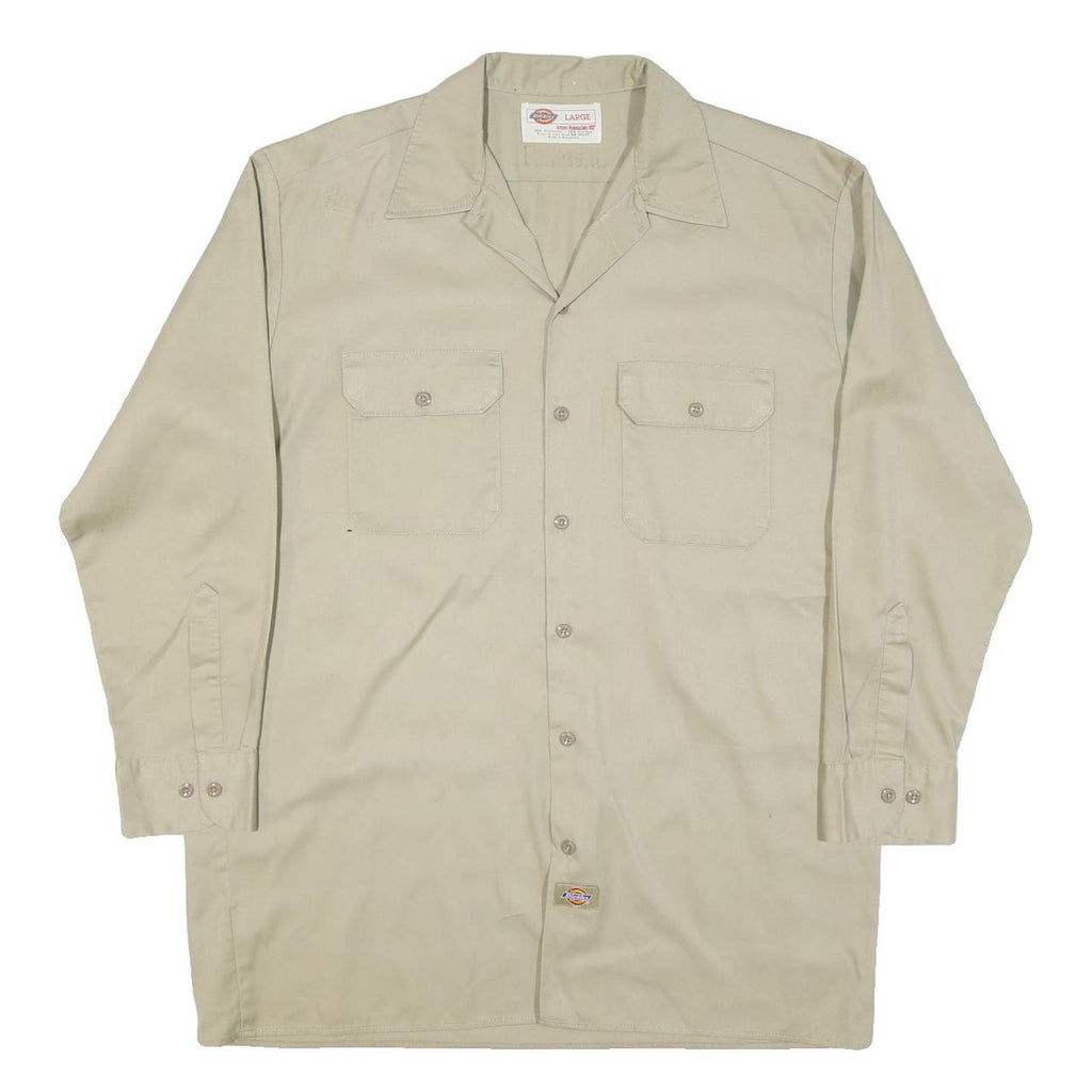 DICKIES Mens Beige Cotton Blend Long Sleeve Shirt L Workwear Utility Casual