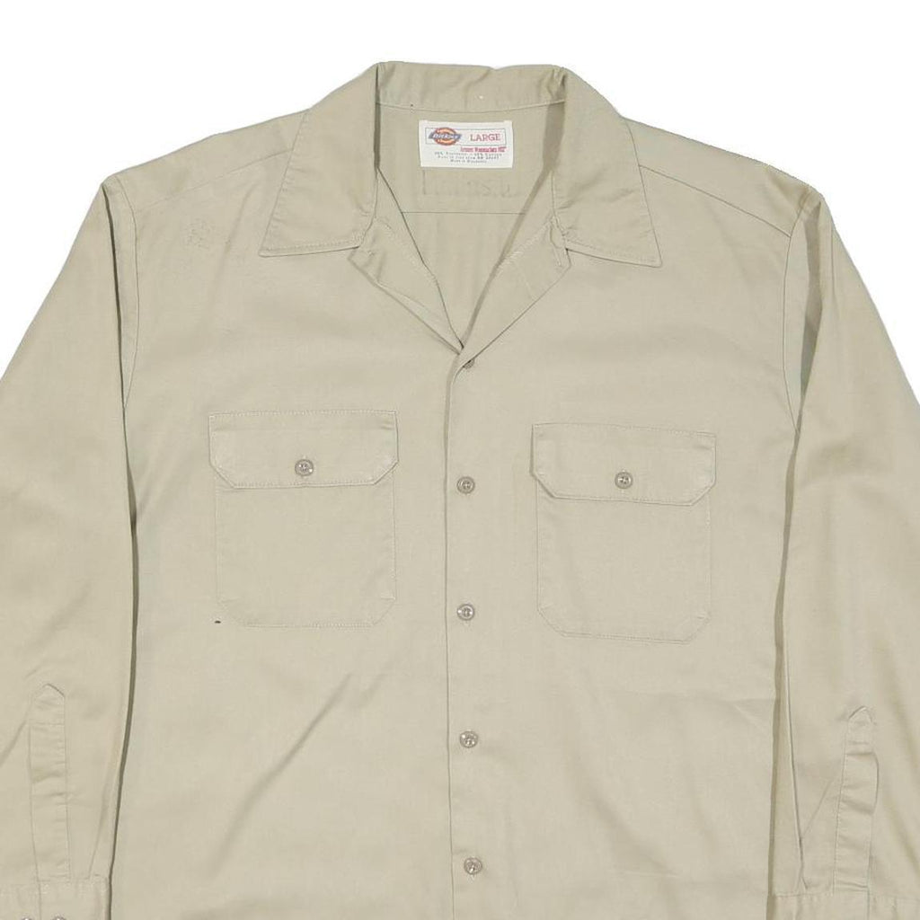 DICKIES Mens Beige Cotton Blend Long Sleeve Shirt L Workwear Utility Casual