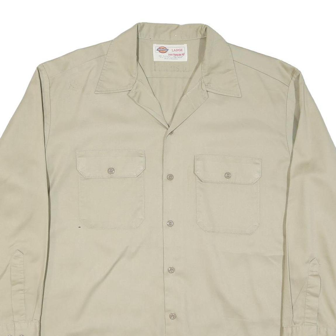 DICKIES Mens Beige Cotton Blend Long Sleeve Shirt L Workwear Utility Casual
