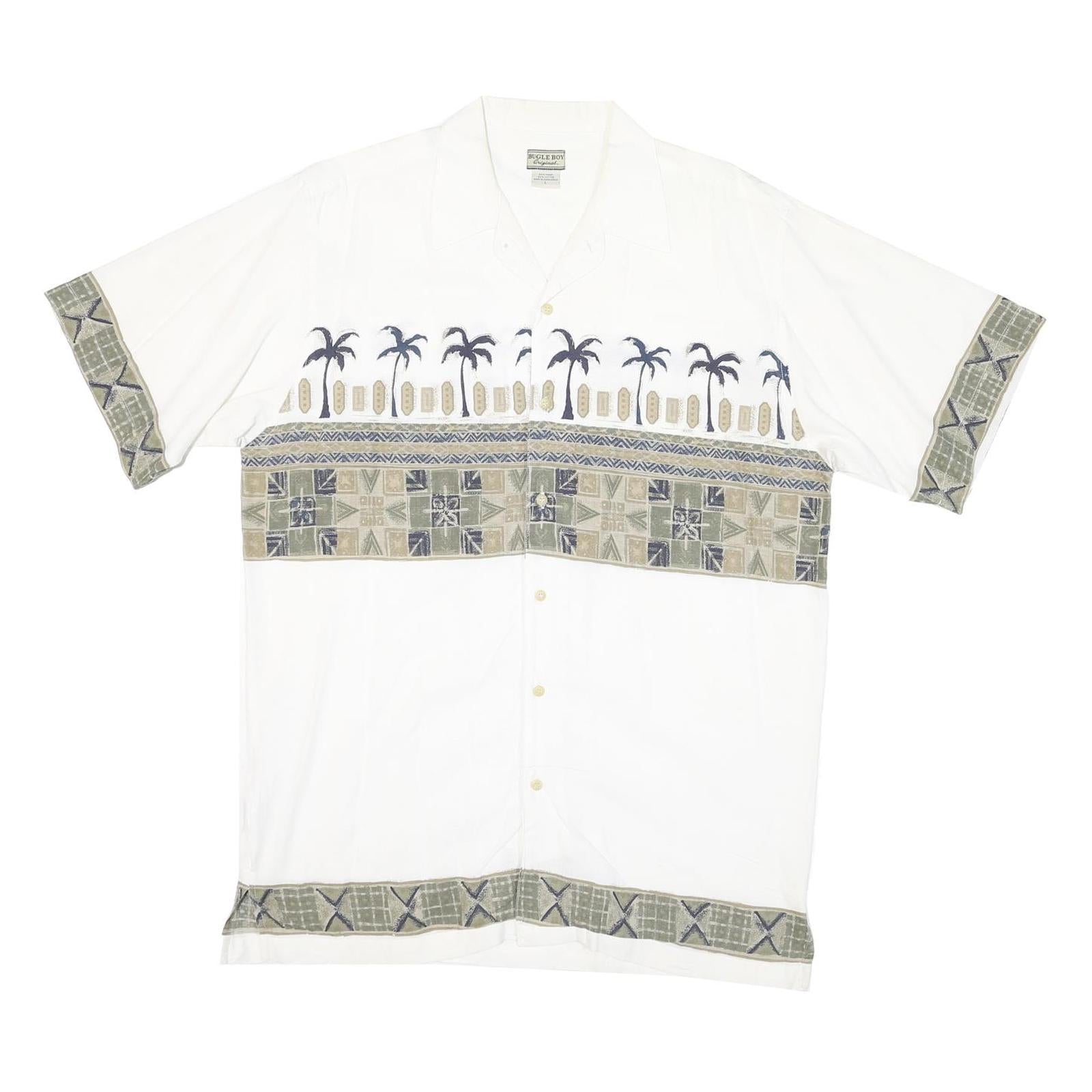 BUGLE BOY Mens White Green Tropical Print Cotton Blend Shirt L Casual Summer