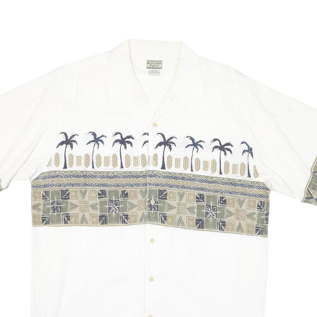BUGLE BOY Mens White Green Tropical Print Cotton Blend Shirt L Casual Summer