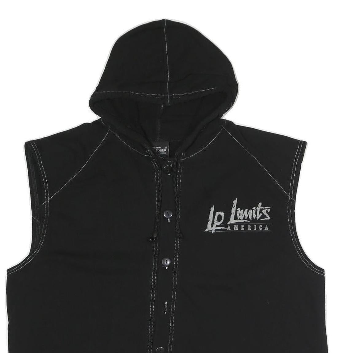 LEGAL POWER Mens Black Sleeveless Hoodie M LP Limits Graphic Button Front