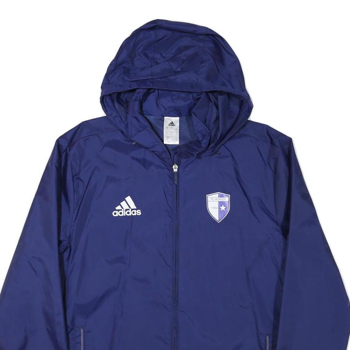 ADIDAS Mens Blue Nylon Hooded Zip Jacket S FC Wohlen Plain Lightweight