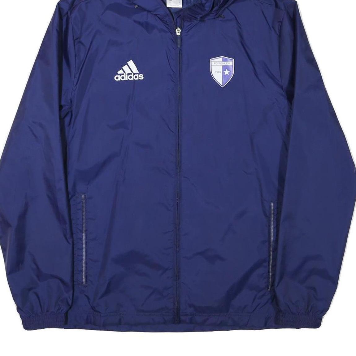 ADIDAS Mens Blue Nylon Hooded Zip Jacket S FC Wohlen Plain Lightweight